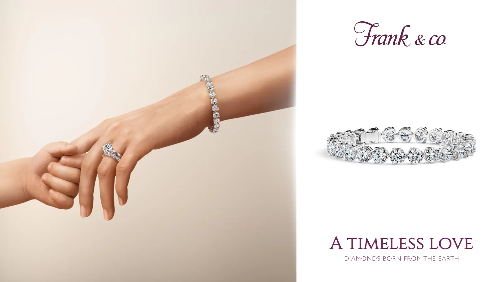 Parent and child holding hands beside a diamond bracelet