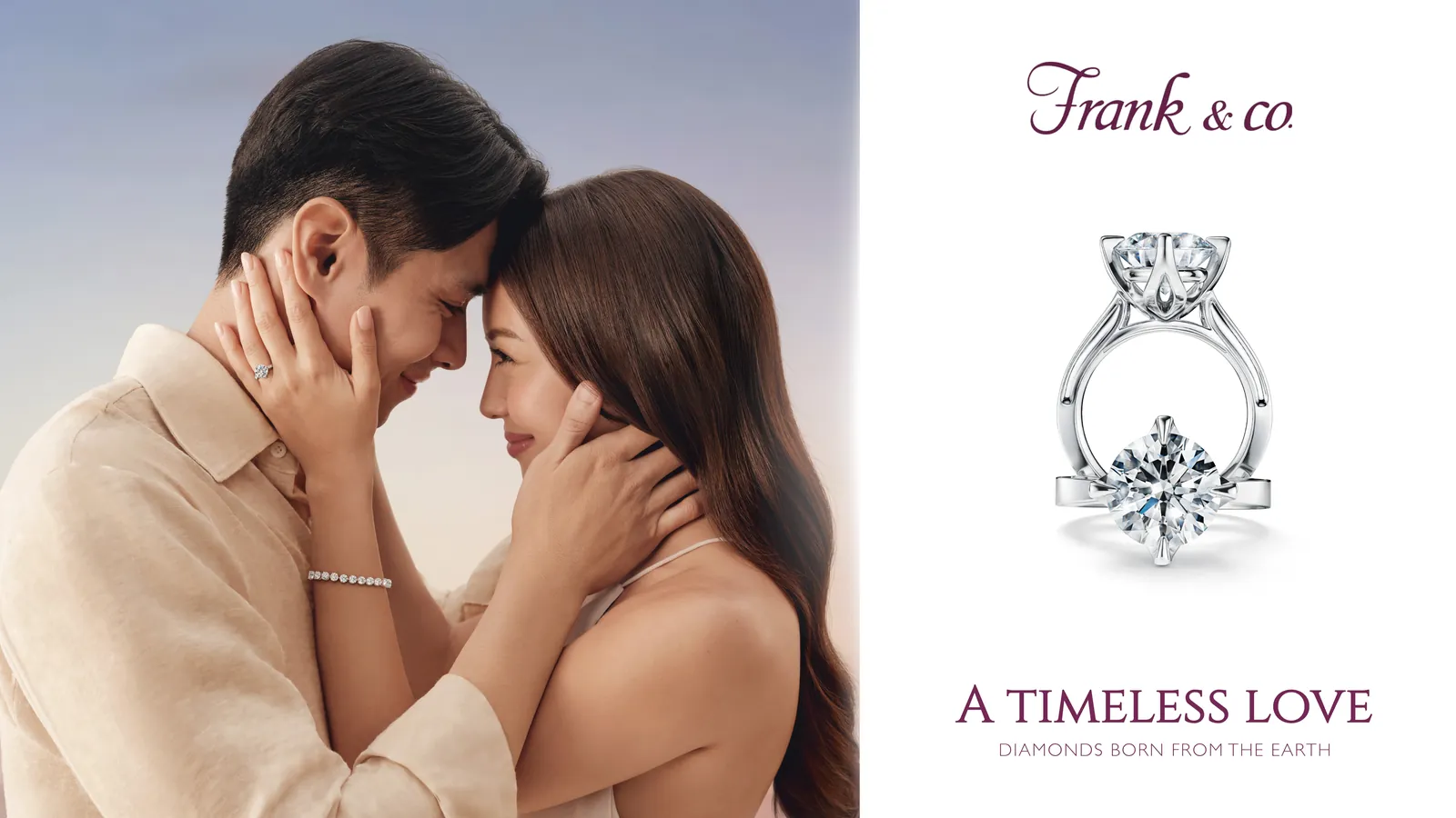 Couple leaning close beside diamond engagement rings