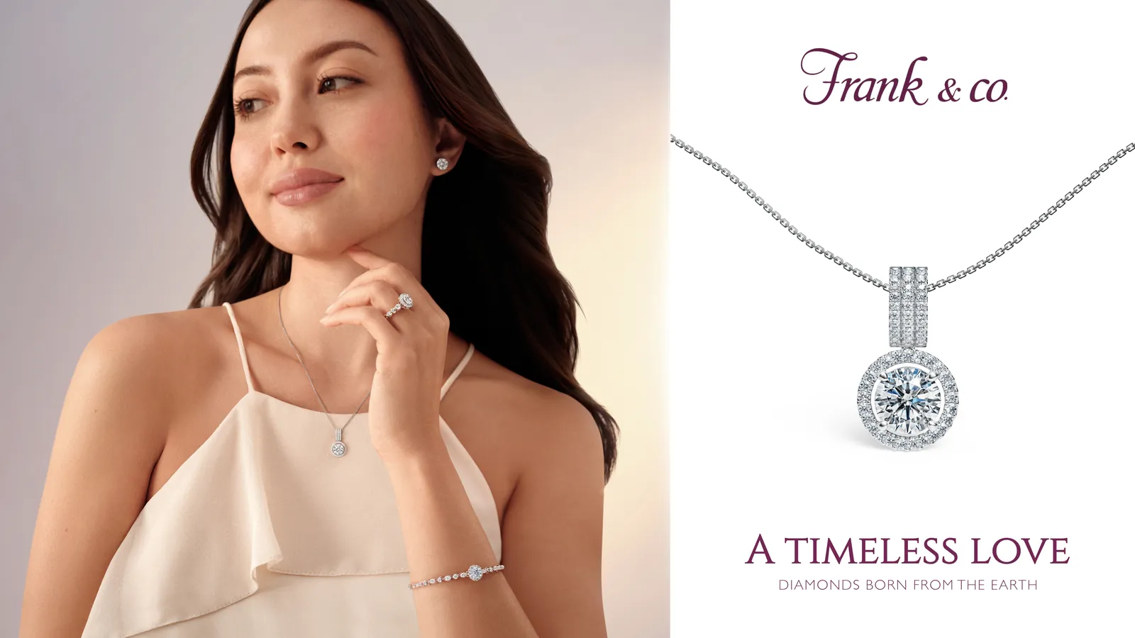 Woman wearing diamond jewellery beside a diamond pendant