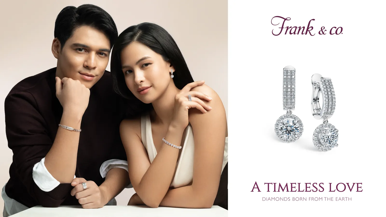 Couple posing beside diamond earrings