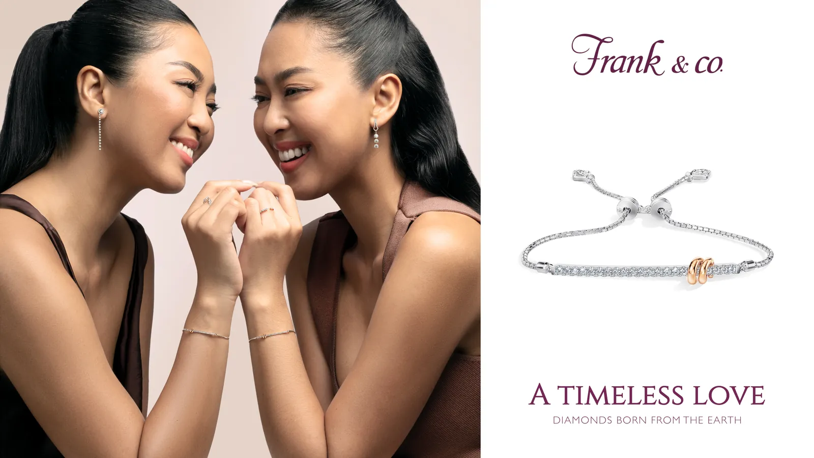 Twin sisters holding hands beside a diamond bracelet