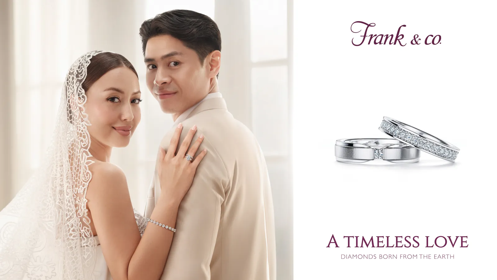 Bride and groom beside diamond wedding rings